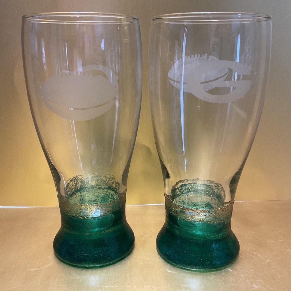 Green Bay Packers Etched Pilsner Glasses Set of 2 Green Gold Glitter Base 7in